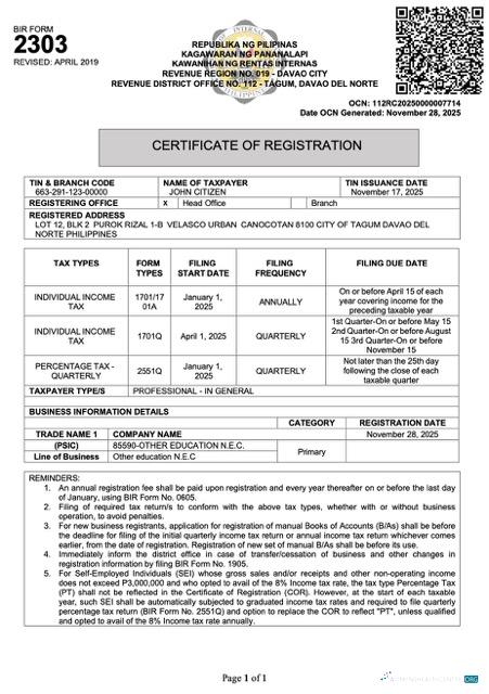 Philippines certificate of registration Word and PDF template, version 3
